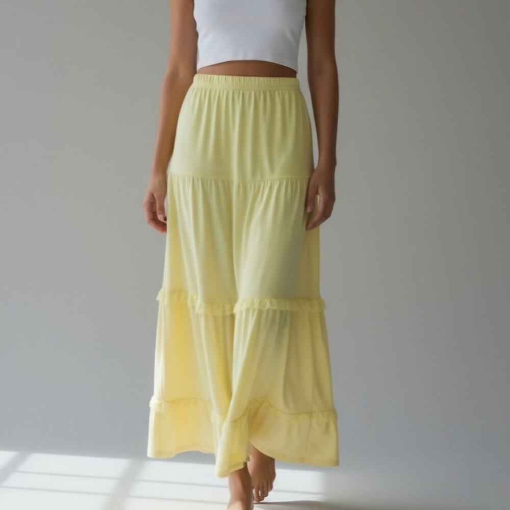 Cupshe Yellow Tiered Lace A Line Jersey Maxi Skirt Women's Size L NWT